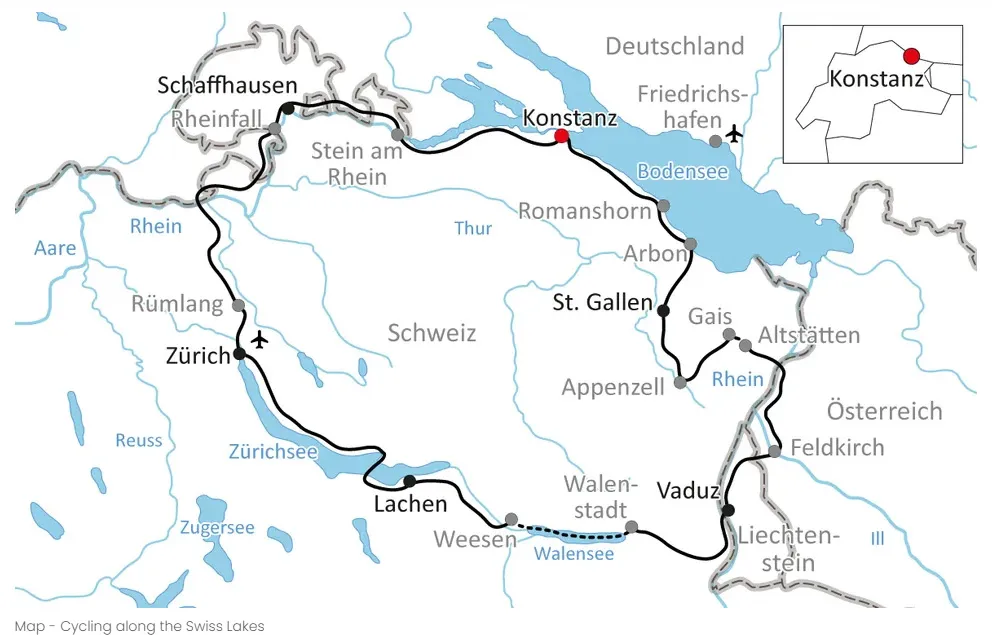 Switzerland 3 lakes bike tour route map