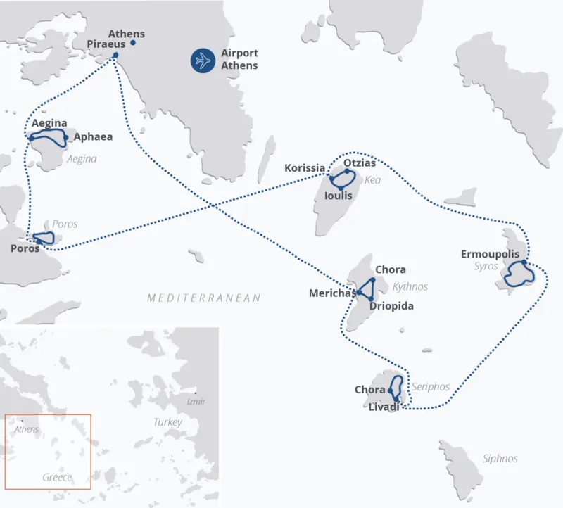 Detailed route map showing the 8-day Cyclades and Saronic Islands bike and boat cruise itinerary starting from Athens and Salamina in Greece.