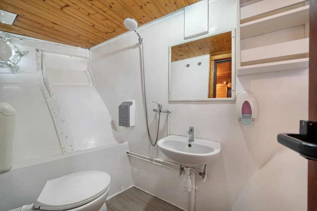 Private ensuite bathroom with shower, sink, and toilet inside an MS Linda boat cabin.