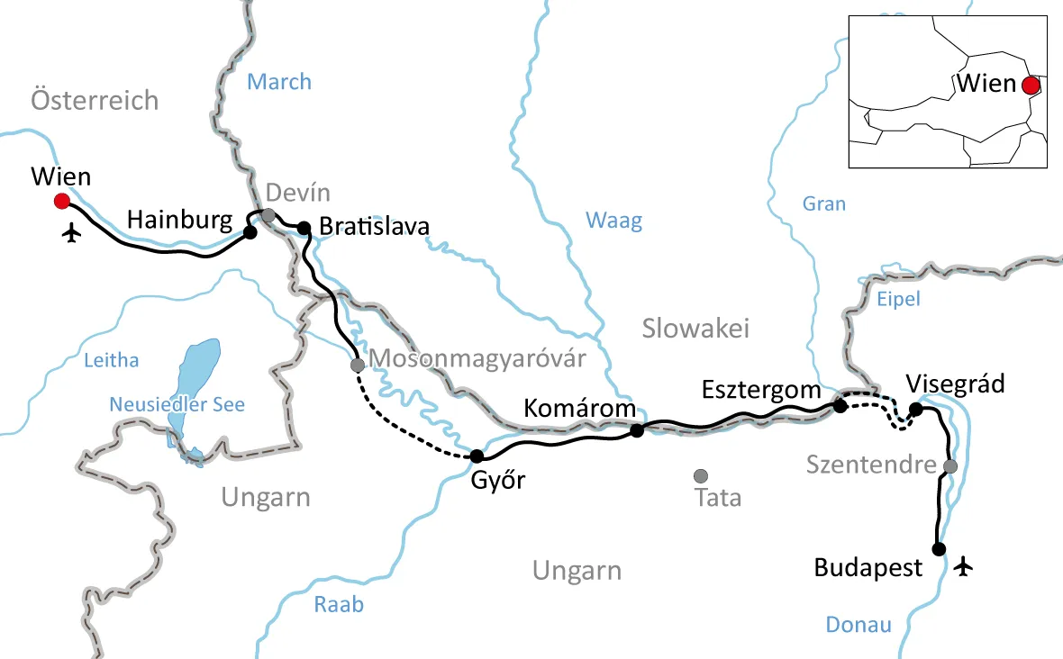 Vienna to Budapest Bike Tour: Three Imperial Capitals Route map