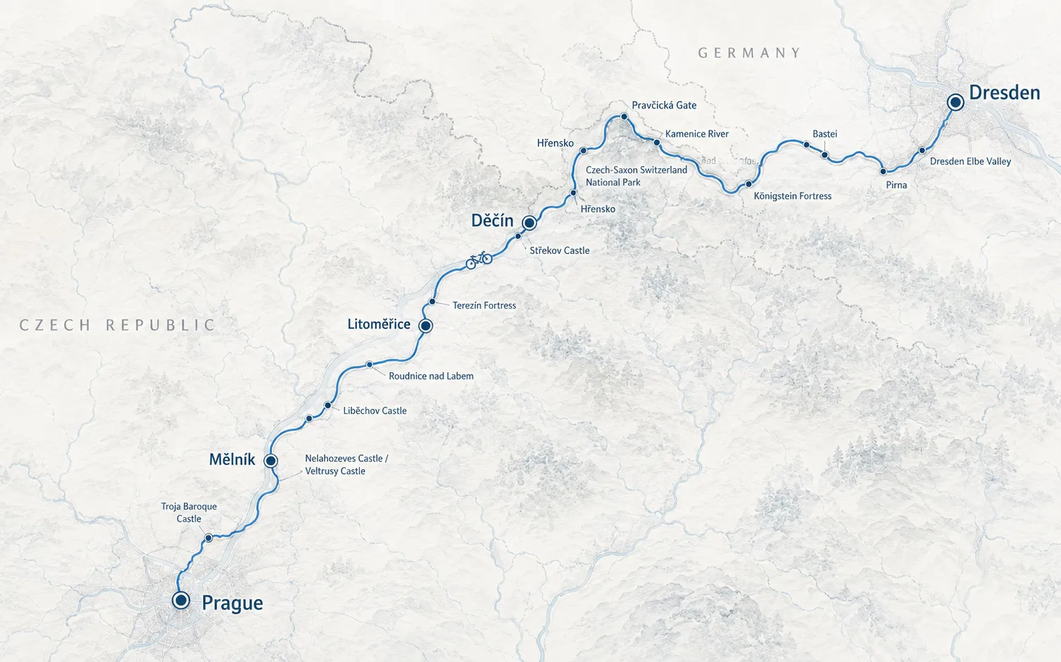 Prague to Dresden Bike Tour in Czech Republic & Germany route map