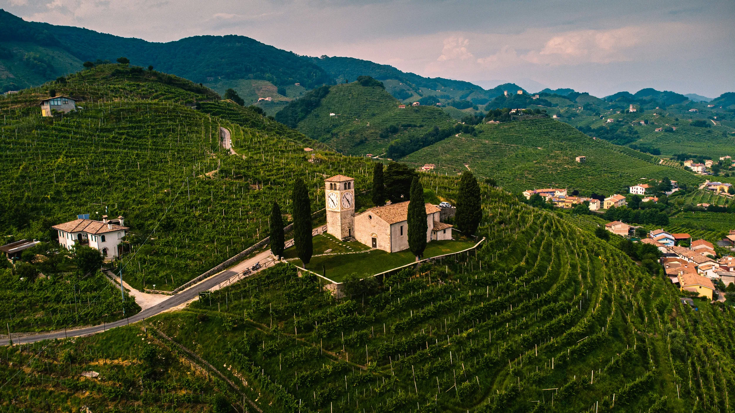 Panoramic view of Farra di Soligo in the Prosecco Hills, Veneto, Italy